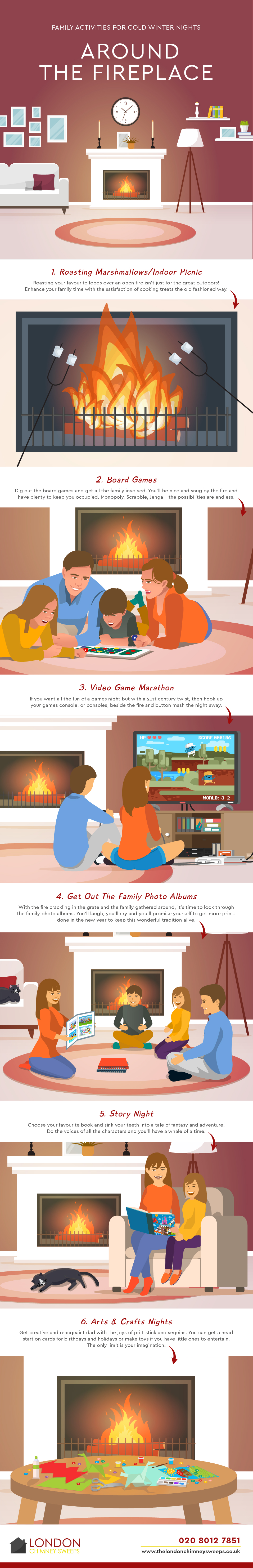 Infographic showing family activities for around the fireplace